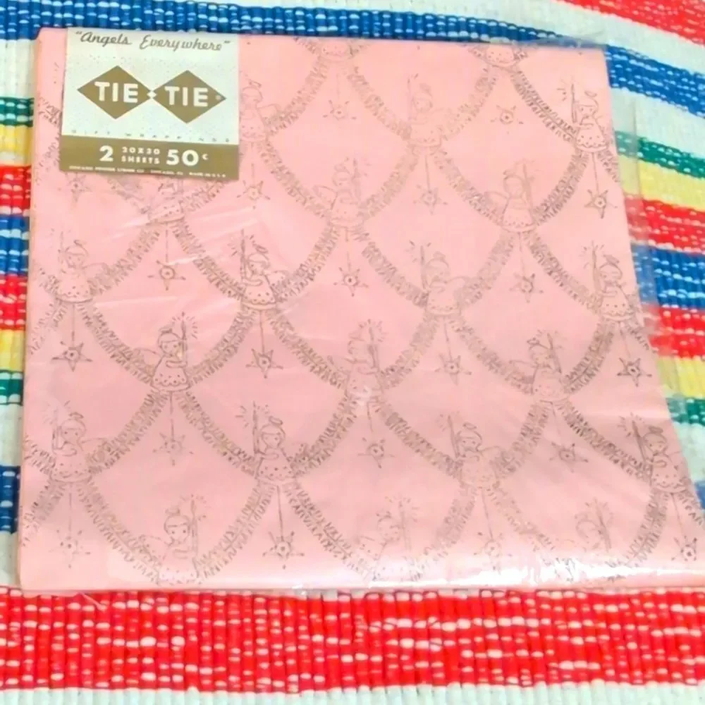 Vintage 50s 60s Tie Tie pink angels gold sparkly textured wrapping‎ paper
